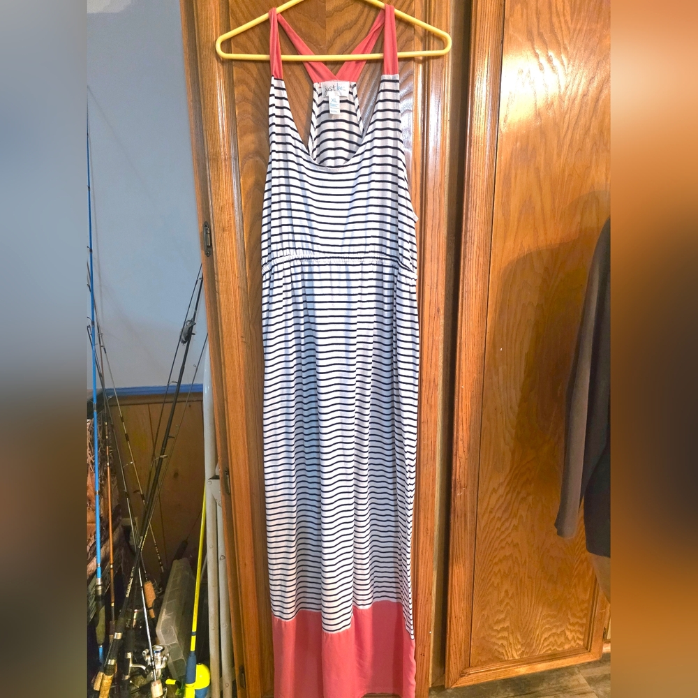 ​Just Be Striped Racerback Maxi Dress XL Blue White Coral Pink